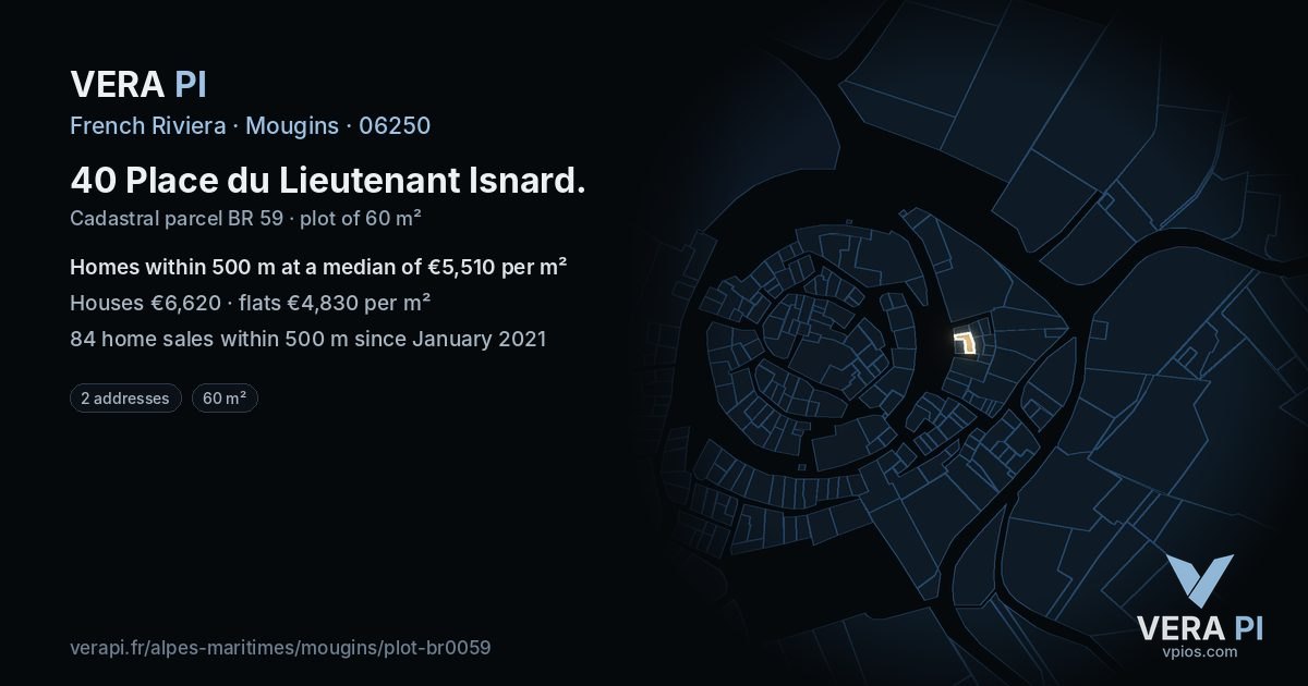 40 Place du Lieutenant Isnard, Mougins at night – the plot lit, the parcels around coloured by the prices near them