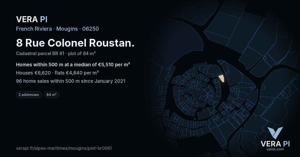 8 Rue Colonel Roustan, Mougins at night – the plot lit, the parcels around coloured by the prices near them