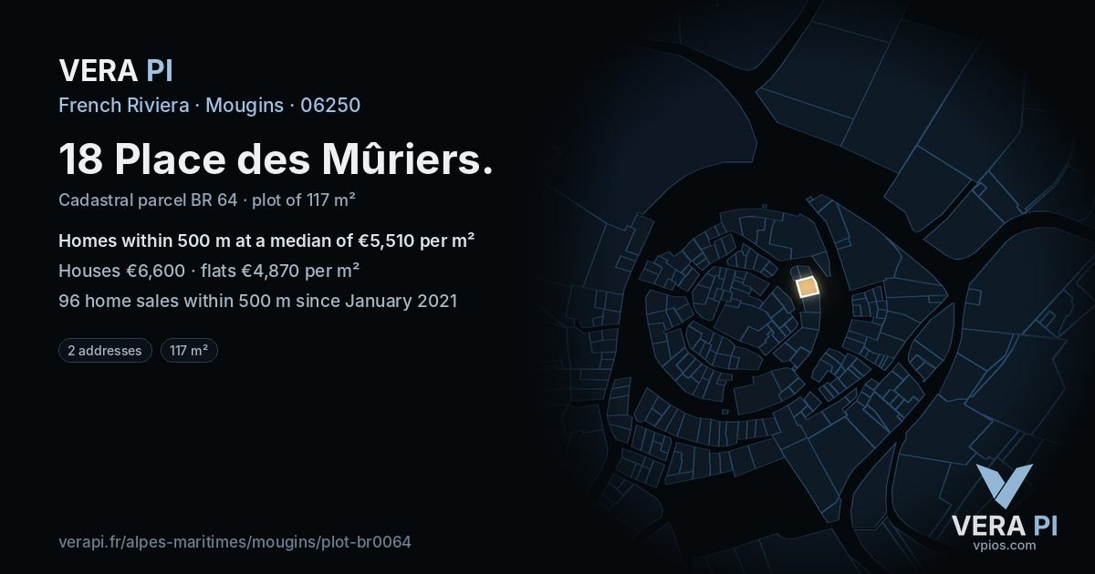 18 Place des Mûriers, Mougins at night – the plot lit, the parcels around coloured by the prices near them