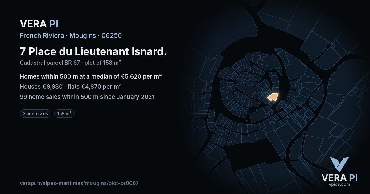 7 Place du Lieutenant Isnard, Mougins at night – the plot lit, the parcels around coloured by the prices near them