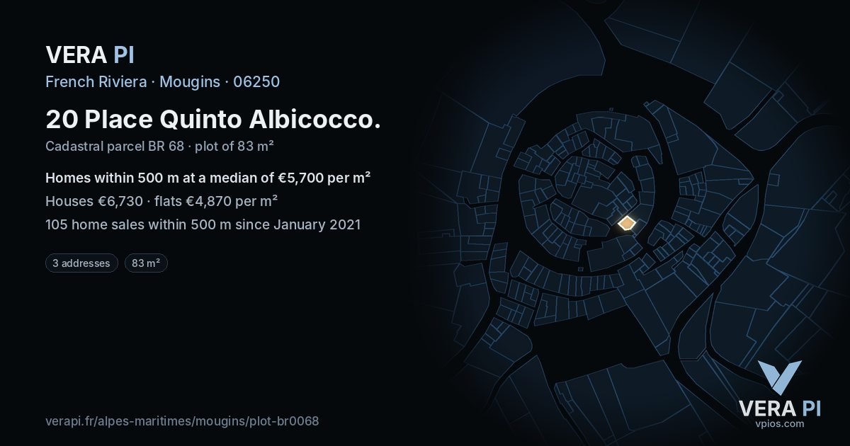20 Place Quinto Albicocco, Mougins at night – the plot lit, the parcels around coloured by the prices near them