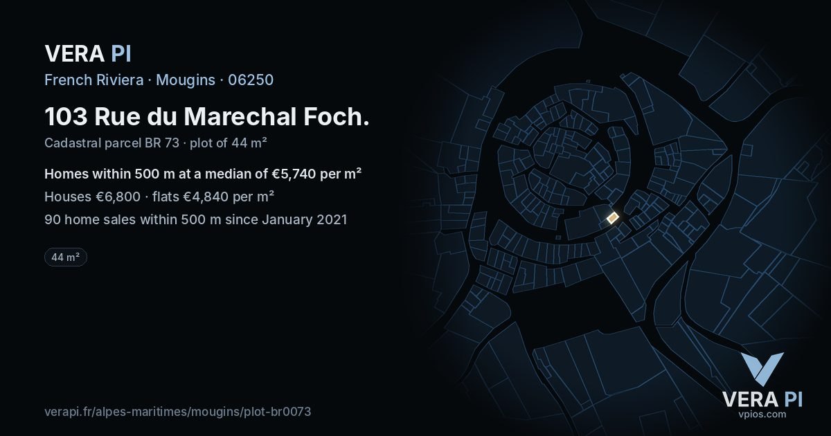 103 Rue du Marechal Foch, Mougins at night – the plot lit, the parcels around coloured by the prices near them