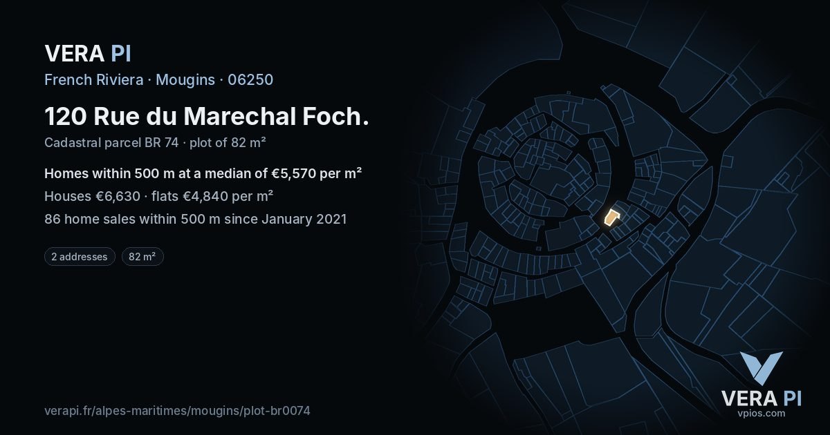 120 Rue du Marechal Foch, Mougins at night – the plot lit, the parcels around coloured by the prices near them