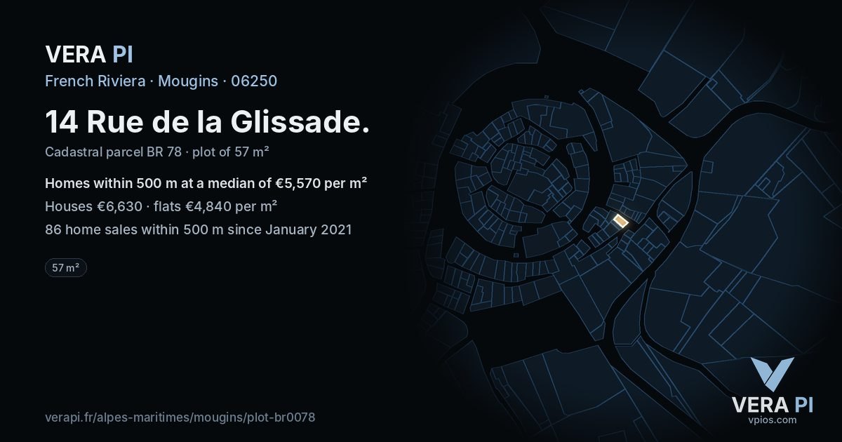 14 Rue de la Glissade, Mougins at night – the plot lit, the parcels around coloured by the prices near them