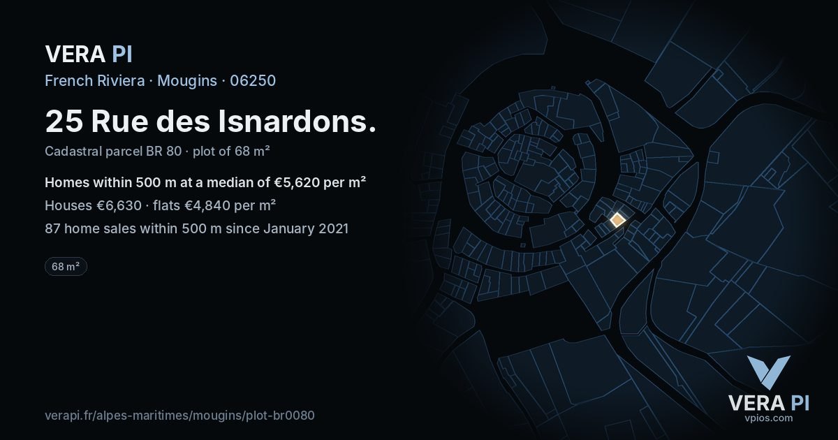 25 Rue des Isnardons, Mougins at night – the plot lit, the parcels around coloured by the prices near them