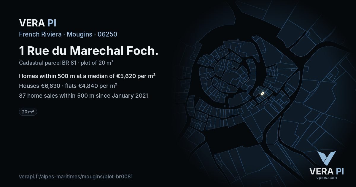 1 Rue du Marechal Foch, Mougins at night – the plot lit, the parcels around coloured by the prices near them