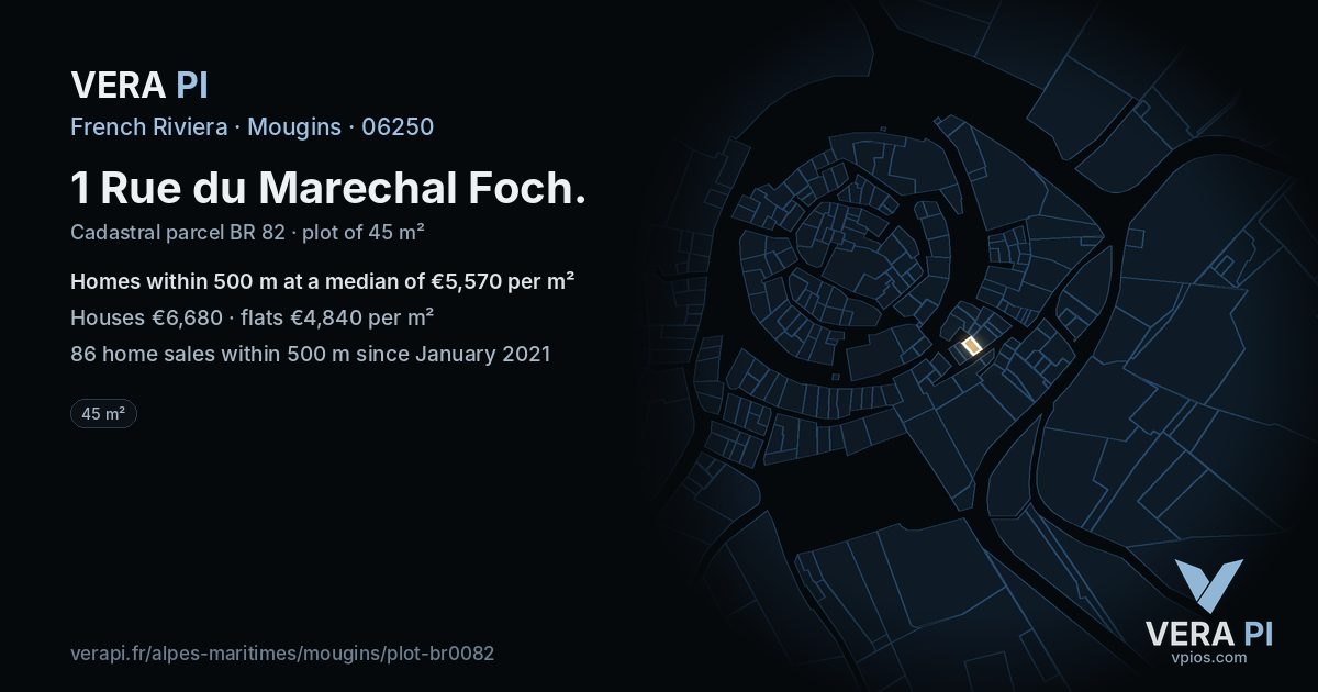 1 Rue du Marechal Foch, Mougins at night – the plot lit, the parcels around coloured by the prices near them