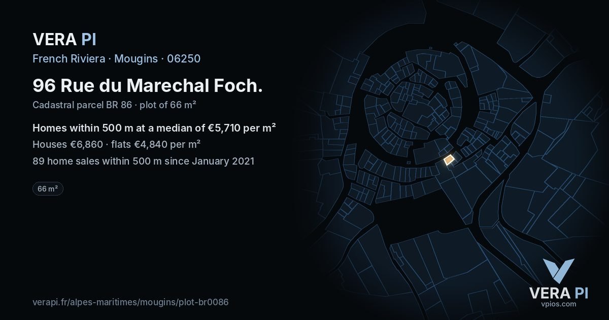 96 Rue du Marechal Foch, Mougins at night – the plot lit, the parcels around coloured by the prices near them