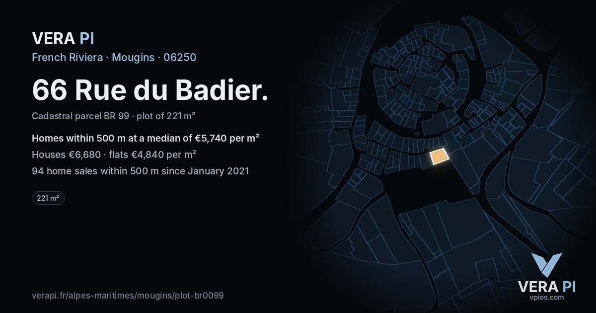 66 Rue du Badier, Mougins at night – the plot lit, the parcels around coloured by the prices near them