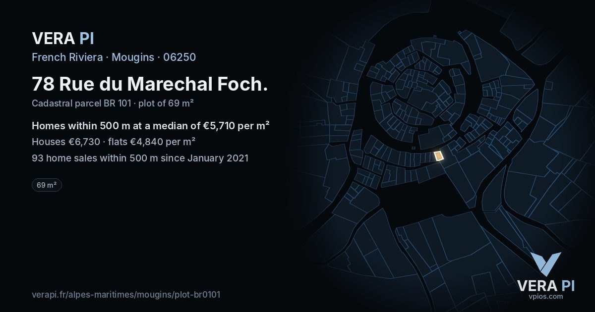78 Rue du Marechal Foch, Mougins at night – the plot lit, the parcels around coloured by the prices near them