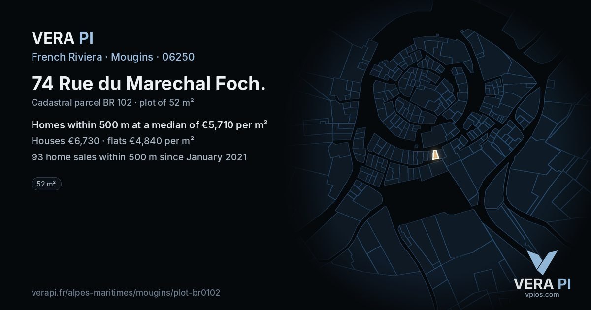 74 Rue du Marechal Foch, Mougins at night – the plot lit, the parcels around coloured by the prices near them