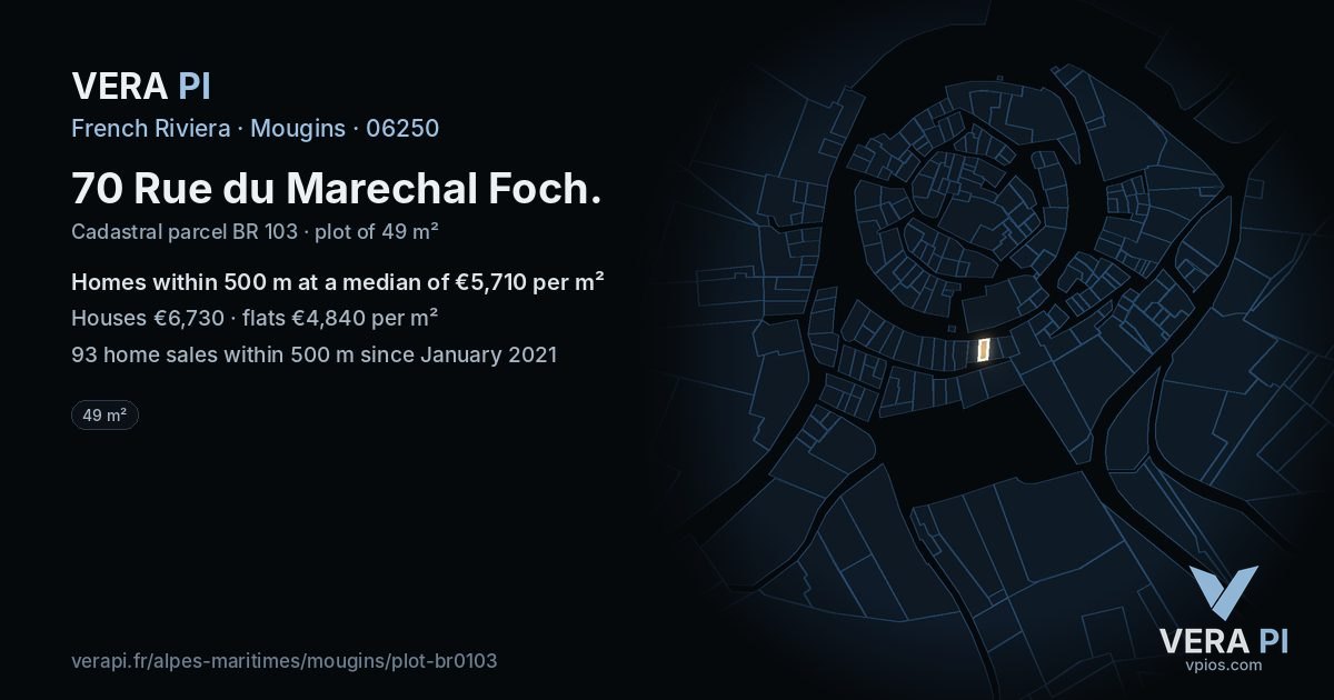 70 Rue du Marechal Foch, Mougins at night – the plot lit, the parcels around coloured by the prices near them