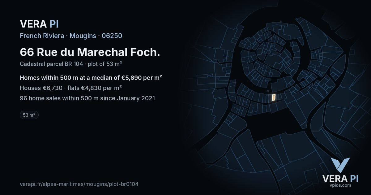 66 Rue du Marechal Foch, Mougins at night – the plot lit, the parcels around coloured by the prices near them