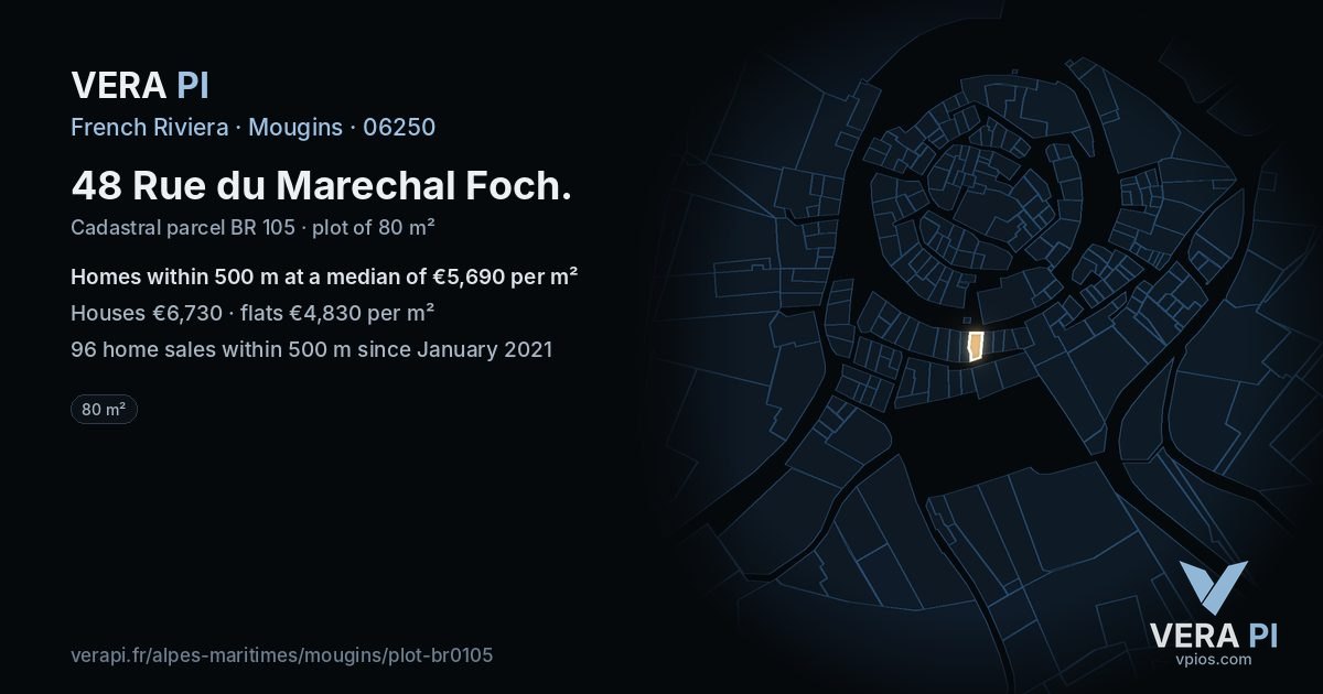 48 Rue du Marechal Foch, Mougins at night – the plot lit, the parcels around coloured by the prices near them