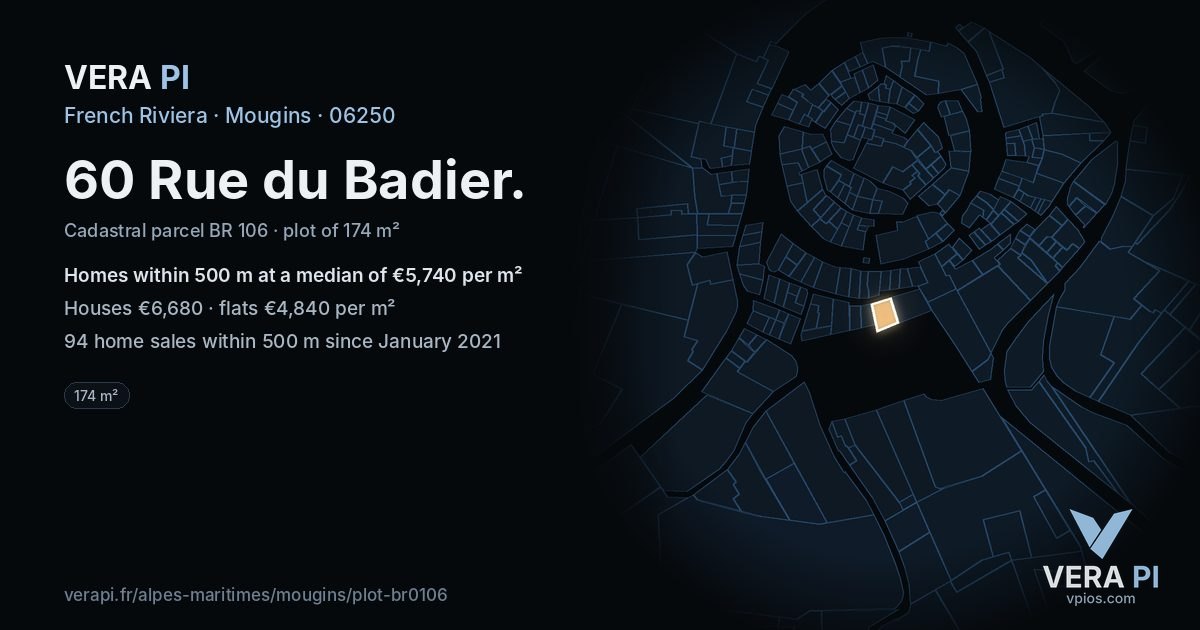 60 Rue du Badier, Mougins at night – the plot lit, the parcels around coloured by the prices near them