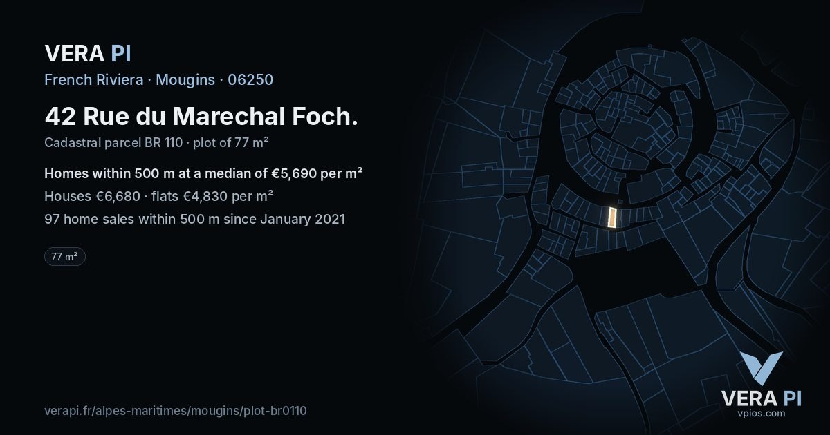 42 Rue du Marechal Foch, Mougins at night – the plot lit, the parcels around coloured by the prices near them