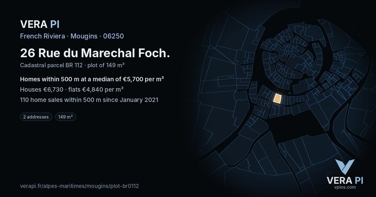 26 Rue du Marechal Foch, Mougins at night – the plot lit, the parcels around coloured by the prices near them