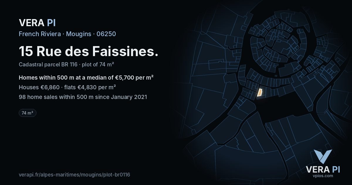15 Rue des Faissines, Mougins at night – the plot lit, the parcels around coloured by the prices near them