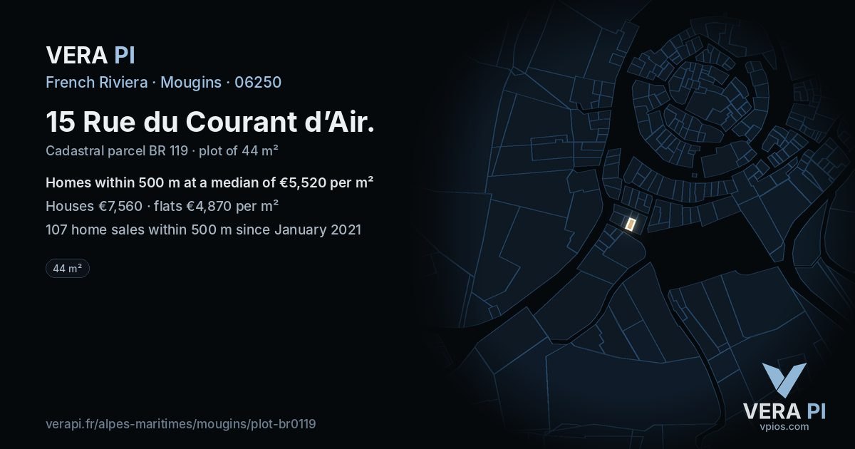 15 Rue du Courant d’Air, Mougins at night – the plot lit, the parcels around coloured by the prices near them