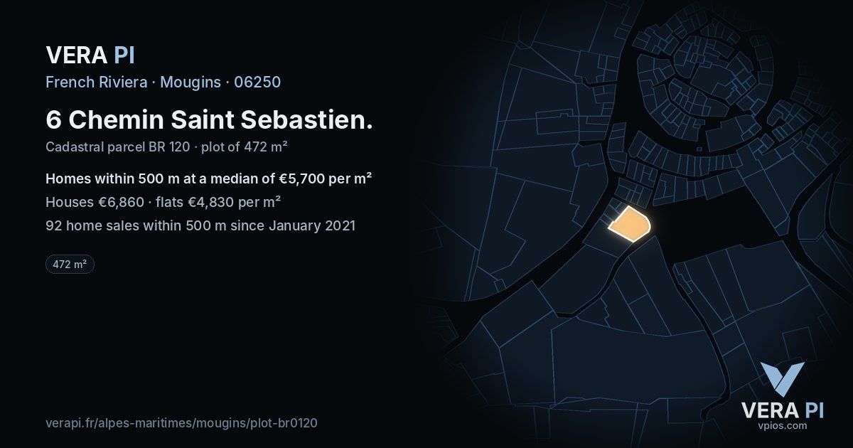 6 Chemin Saint Sebastien, Mougins at night – the plot lit, the parcels around coloured by the prices near them