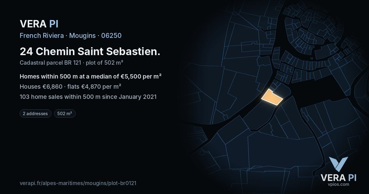 24 Chemin Saint Sebastien, Mougins at night – the plot lit, the parcels around coloured by the prices near them
