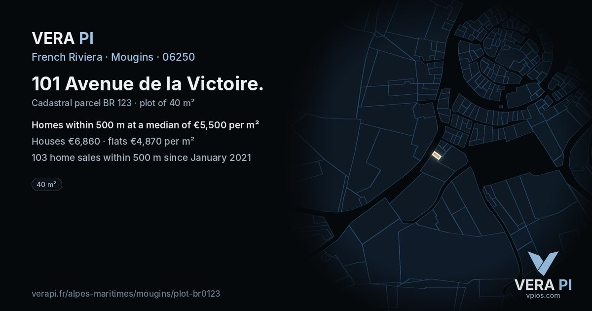 101 Avenue de la Victoire, Mougins at night – the plot lit, the parcels around coloured by the prices near them