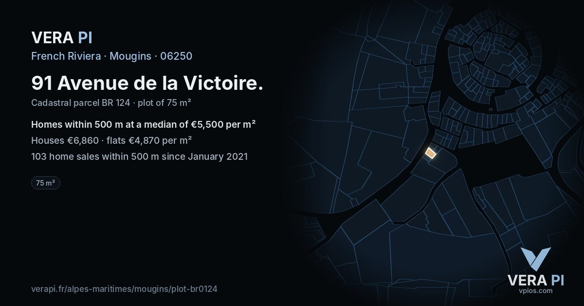 91 Avenue de la Victoire, Mougins at night – the plot lit, the parcels around coloured by the prices near them