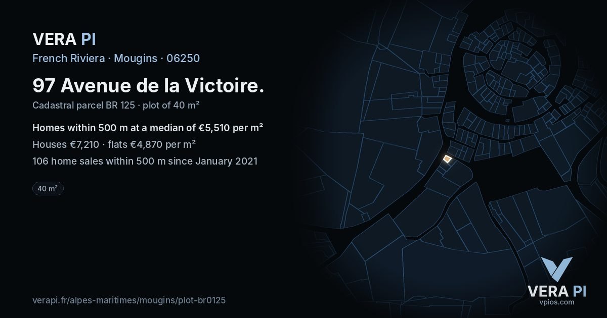 97 Avenue de la Victoire, Mougins at night – the plot lit, the parcels around coloured by the prices near them
