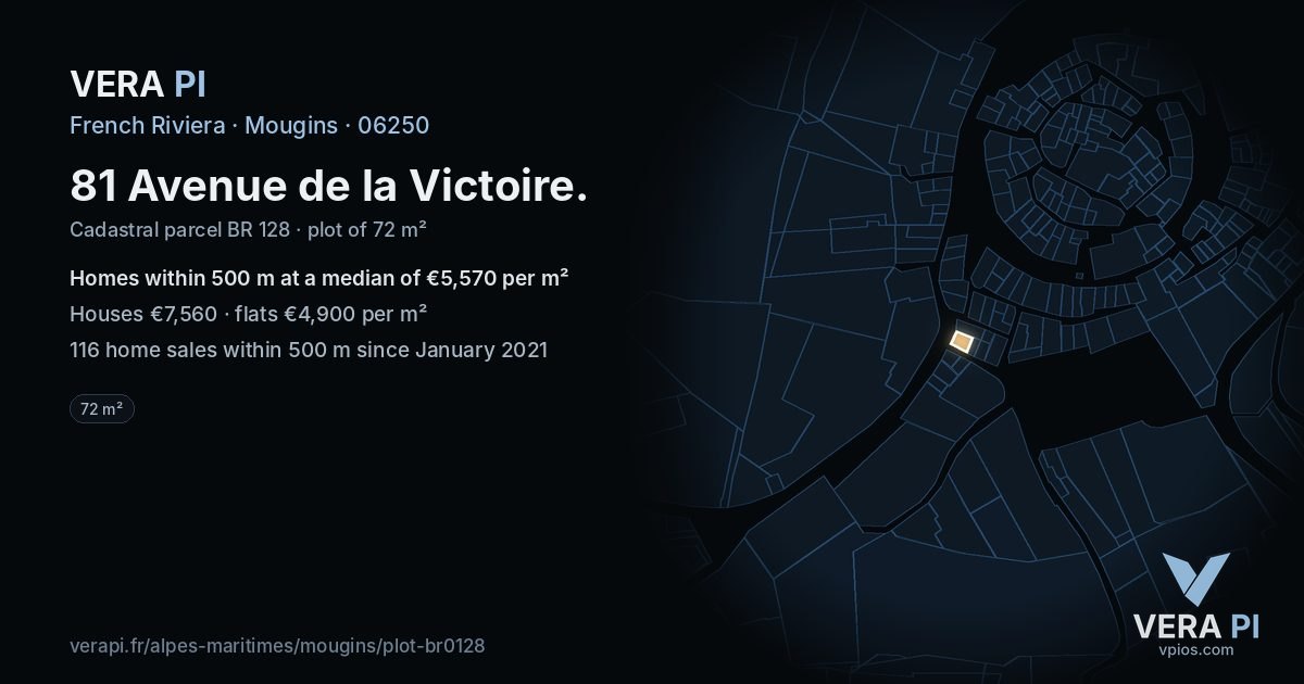 81 Avenue de la Victoire, Mougins at night – the plot lit, the parcels around coloured by the prices near them