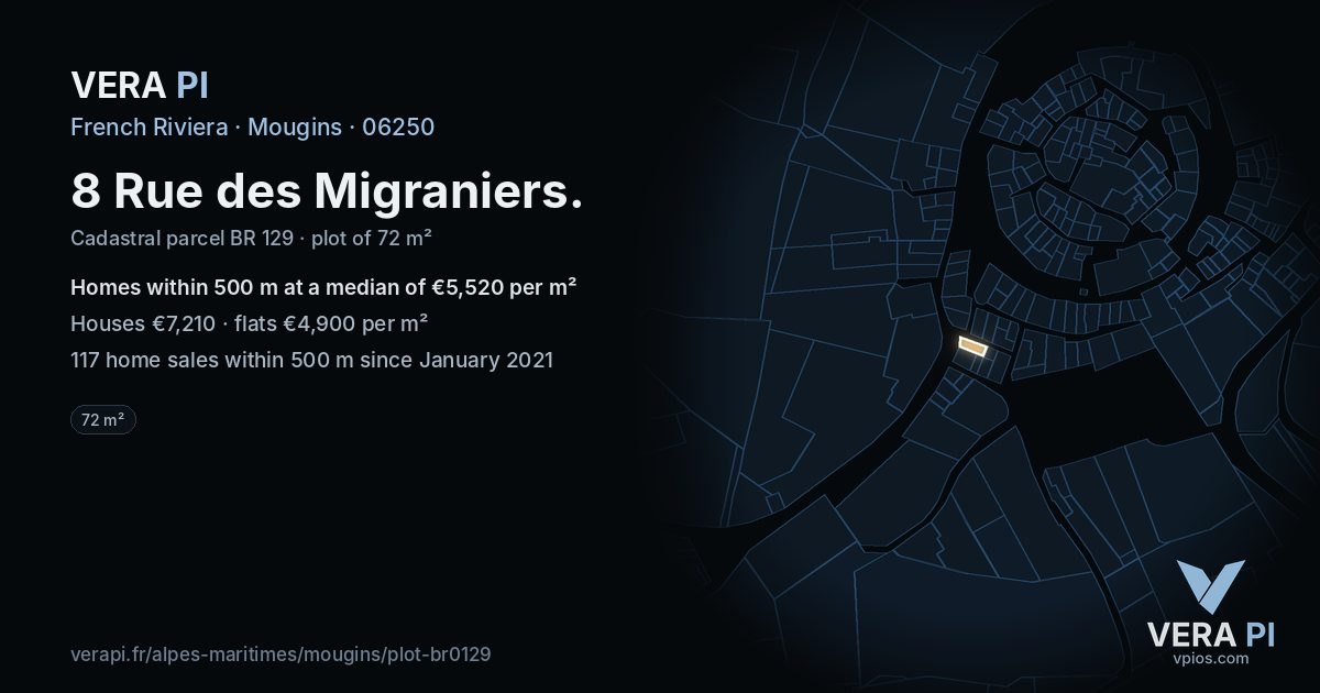 8 Rue des Migraniers, Mougins at night – the plot lit, the parcels around coloured by the prices near them