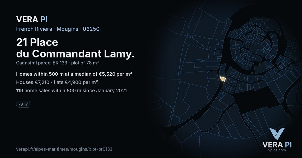 21 Place du Commandant Lamy, Mougins at night – the plot lit, the parcels around coloured by the prices near them