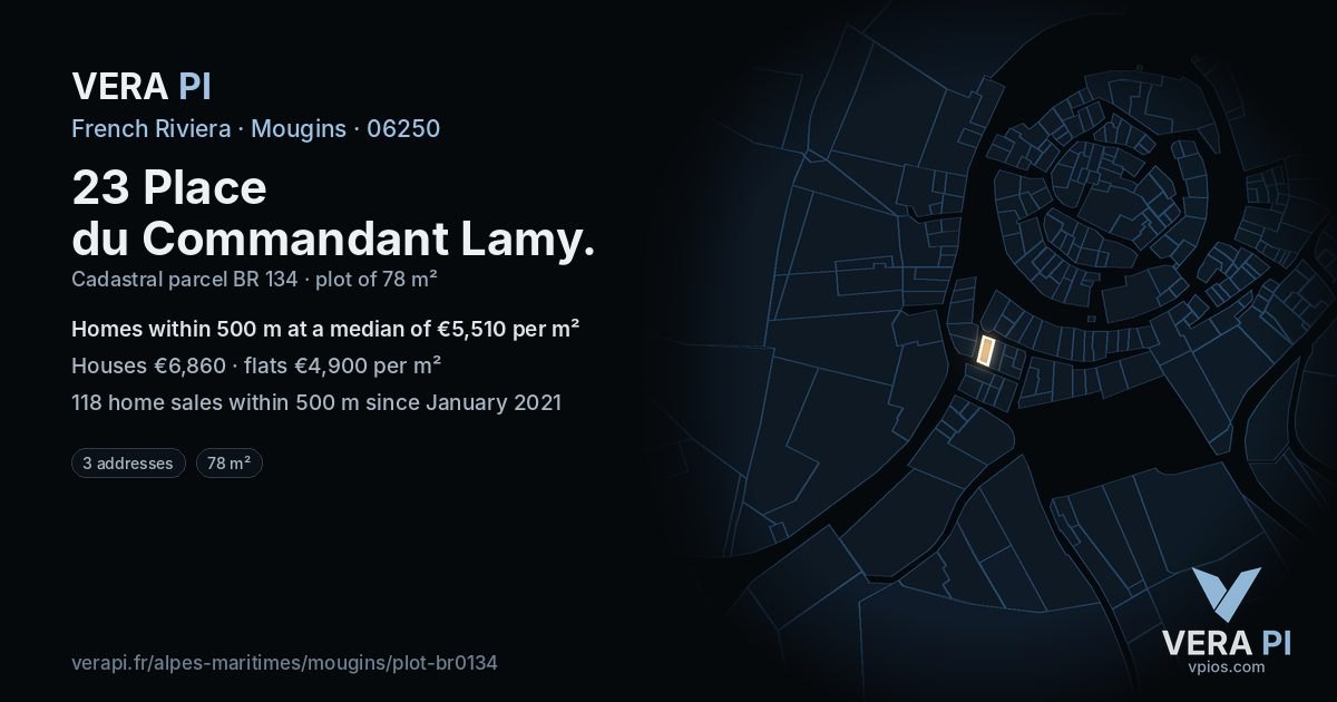 23 Place du Commandant Lamy, Mougins at night – the plot lit, the parcels around coloured by the prices near them