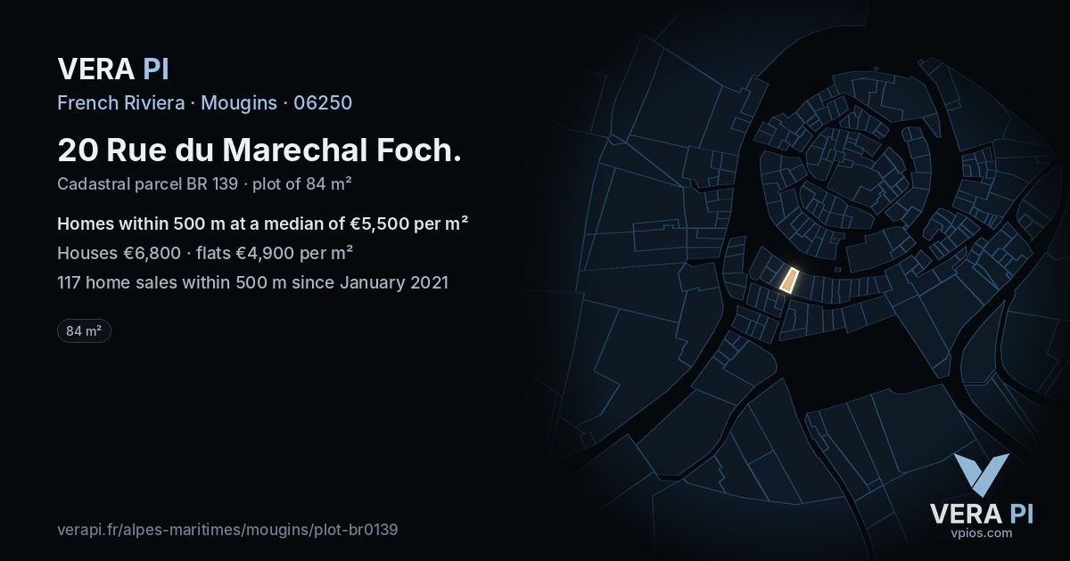 20 Rue du Marechal Foch, Mougins at night – the plot lit, the parcels around coloured by the prices near them