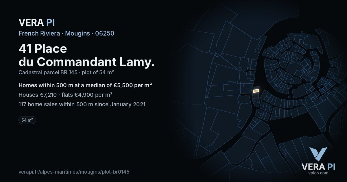41 Place du Commandant Lamy, Mougins at night – the plot lit, the parcels around coloured by the prices near them