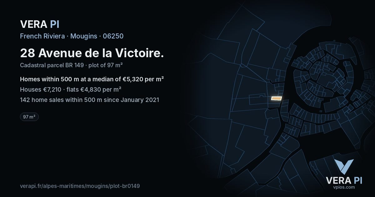 28 Avenue de la Victoire, Mougins at night – the plot lit, the parcels around coloured by the prices near them