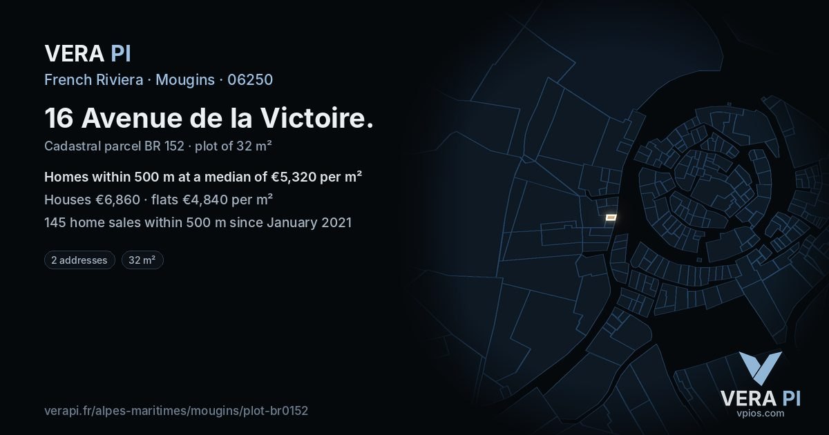 16 Avenue de la Victoire, Mougins at night – the plot lit, the parcels around coloured by the prices near them