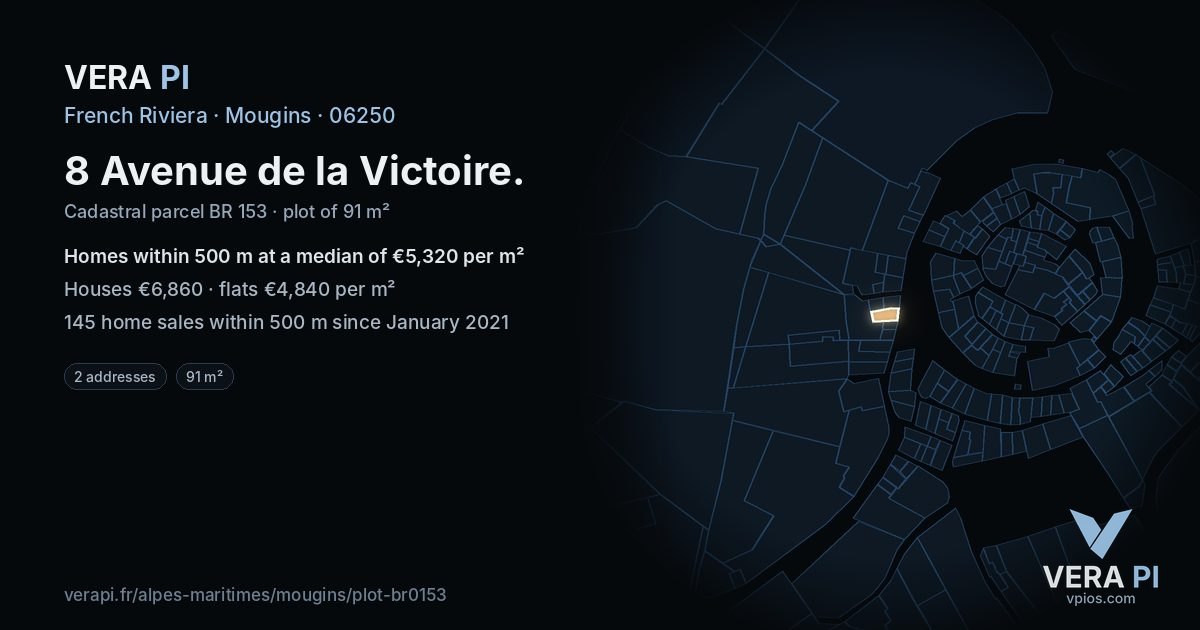 8 Avenue de la Victoire, Mougins at night – the plot lit, the parcels around coloured by the prices near them