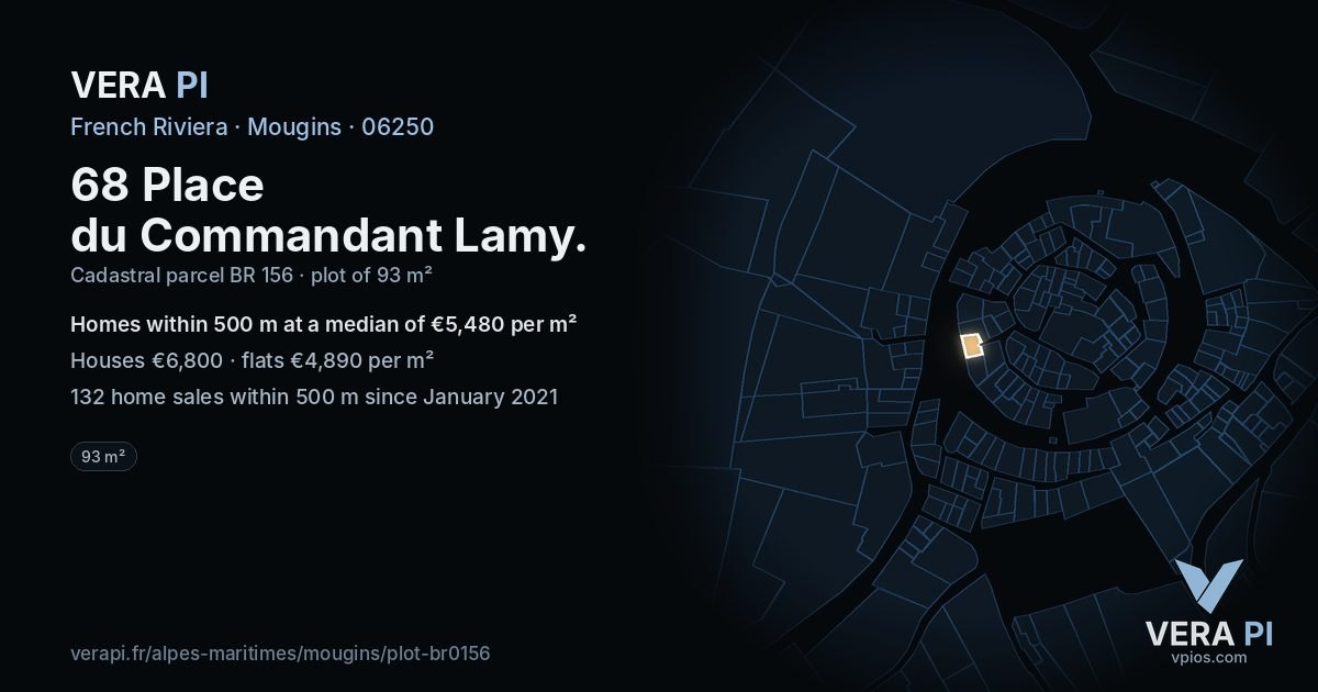 68 Place du Commandant Lamy, Mougins at night – the plot lit, the parcels around coloured by the prices near them