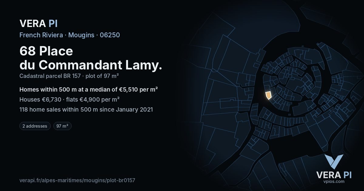 68 Place du Commandant Lamy, Mougins at night – the plot lit, the parcels around coloured by the prices near them