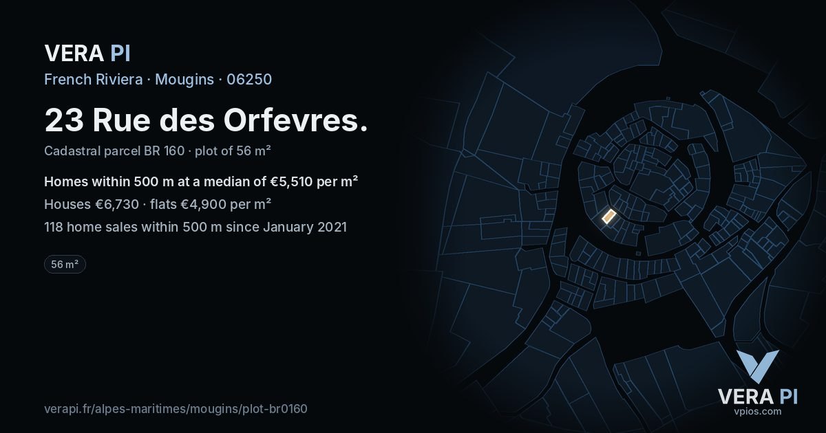23 Rue des Orfevres, Mougins at night – the plot lit, the parcels around coloured by the prices near them