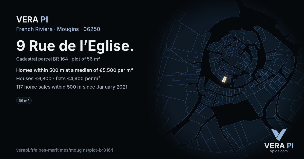 9 Rue de l’Eglise, Mougins at night – the plot lit, the parcels around coloured by the prices near them