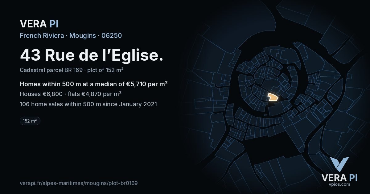 43 Rue de l’Eglise, Mougins at night – the plot lit, the parcels around coloured by the prices near them