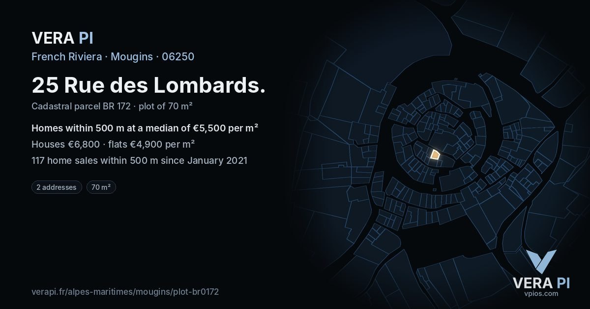 25 Rue des Lombards, Mougins at night – the plot lit, the parcels around coloured by the prices near them