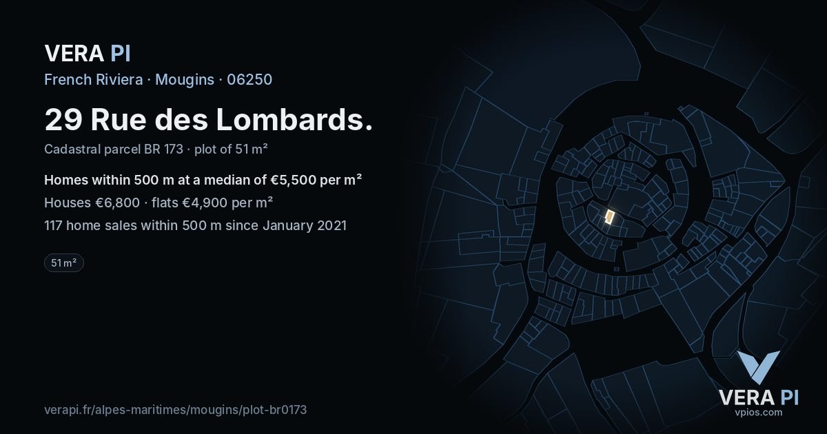 29 Rue des Lombards, Mougins at night – the plot lit, the parcels around coloured by the prices near them