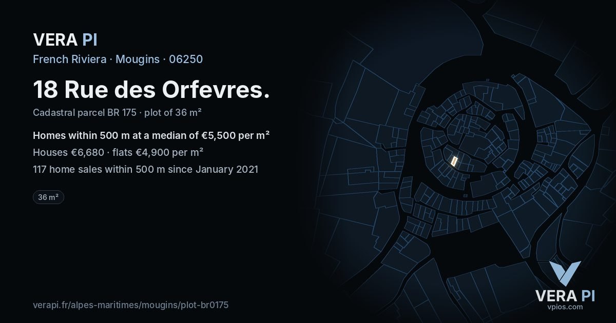 18 Rue des Orfevres, Mougins at night – the plot lit, the parcels around coloured by the prices near them