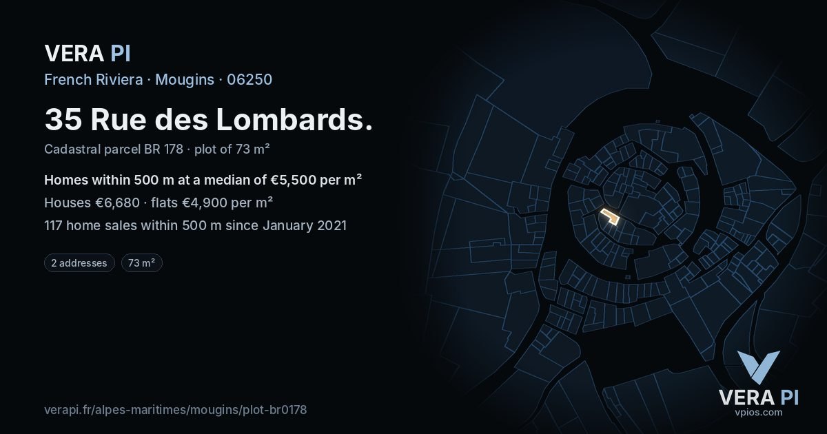 35 Rue des Lombards, Mougins at night – the plot lit, the parcels around coloured by the prices near them