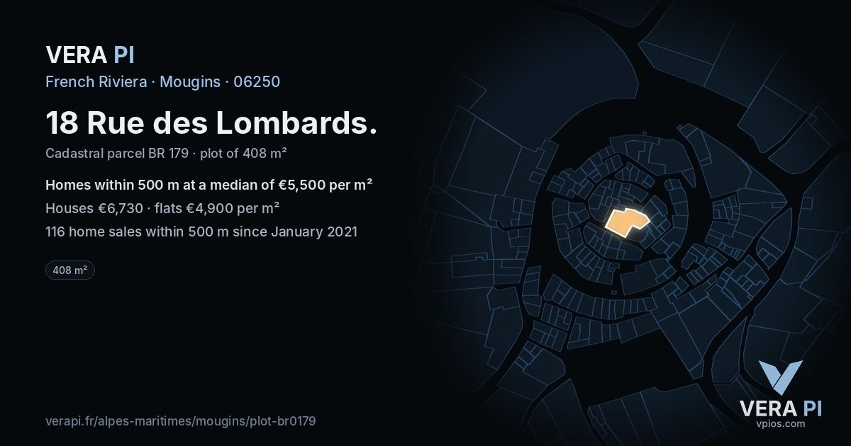 18 Rue des Lombards, Mougins at night – the plot lit, the parcels around coloured by the prices near them