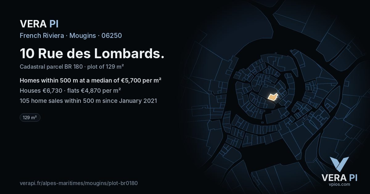 10 Rue des Lombards, Mougins at night – the plot lit, the parcels around coloured by the prices near them