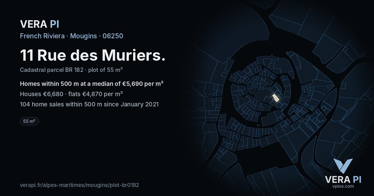 11 Rue des Muriers, Mougins at night – the plot lit, the parcels around coloured by the prices near them