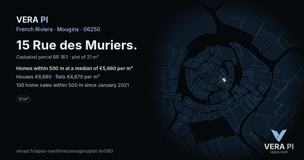 15 Rue des Muriers, Mougins at night – the plot lit, the parcels around coloured by the prices near them